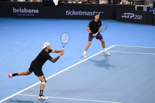 TENNIS BRISBANE INTERNATIONAL, Nick Kyrgios (L) and Thanasi Kokkinakis (R) of Australia in action during their doubles match against Sadio Doumbia and Fabien Reboul of France during day four of the Brisbane International tennis tournament at Pat Rafter Arena in Brisbane, Wednesday, January 7, 2026. ( NO ARCHIVING, EDITORIAL USE ONLY BRISBANE QUEENSLAND AUSTRALIA  Copyright: xZAINxMOHAMMEDx 20260107138451542632