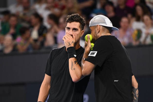 TENNIS BRISBANE INTERNATIONAL, Nick Kyrgios (R) and Thanasi Kokkinakis (L) of Australia react during their doubles match against Sadio Doumbia and Fabien Reboul of France during day four of the Brisbane International tennis tournament at Pat Rafter Arena in Brisbane, Wednesday, January 7, 2026. ( NO ARCHIVING, EDITORIAL USE ONLY BRISBANE QUEENSLAND AUSTRALIA  Copyright: xZAINxMOHAMMEDx 20260107189821665699