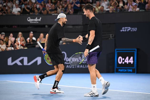 TENNIS BRISBANE INTERNATIONAL, Nick Kyrgios (L) and Thanasi Kokkinakis (R) of Australia in action during their doubles match against Sadio Doumbia and Fabien Reboul of France during day four of the Brisbane International tennis tournament at Pat Rafter Arena in Brisbane, Wednesday, January 7, 2026. ( NO ARCHIVING, EDITORIAL USE ONLY BRISBANE QUEENSLAND AUSTRALIA  Copyright: xZAINxMOHAMMEDx 20260107119627554780