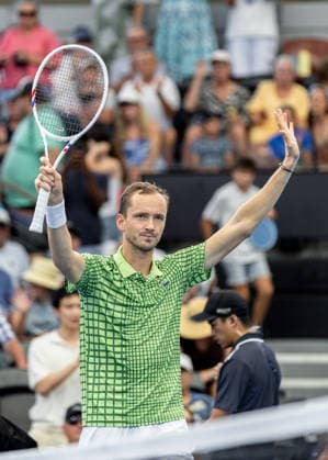 January 7, 2026, Brisbane, Qld, Australia: DANIIL MEDVEDEV of Russia celebrates after winning his MenÃ¢â‚¬â ¢s Singles round of 16 match against FRANCES TIAFOE of the United States at the Brisbane International. Brisbane Australia - ZUMAt173 20260107_zsp_t173_039 Copyright: xStephanexThomasx
