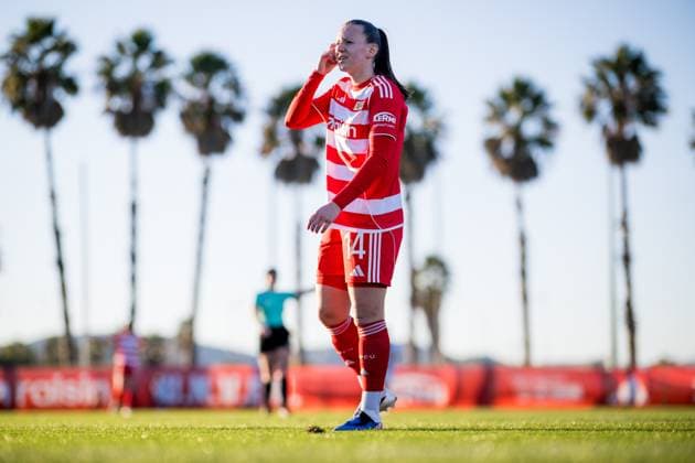 Belgian Hannah Eurlings is seen playing a soccer match for Union Berlin at the winter training camp of Belgian soccer team KAA Gent, in Oliva, Spain, Wednesday 07 January 2026. JASPERxJACOBS  x154285231x