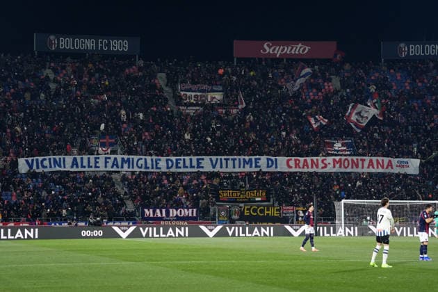 Supporter of Bologna show a banner for the victims of Crans-Montana during the Serie A soccer match between Bologna and Atalanta at the Renato DallÕAra Stadium in Bologna, north Italy - Wednesday, January 7, 2026 -  Copyright: xMassimoxPaolone LaPressex