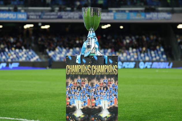 The Italian Supecup trophy is shown during the Serie A 2025 2026 football match between SSC Napoli and Hellas Verona at Diego Armando Maradona stadium in Naples (Italy), January 7, 2026. cesarexpurini