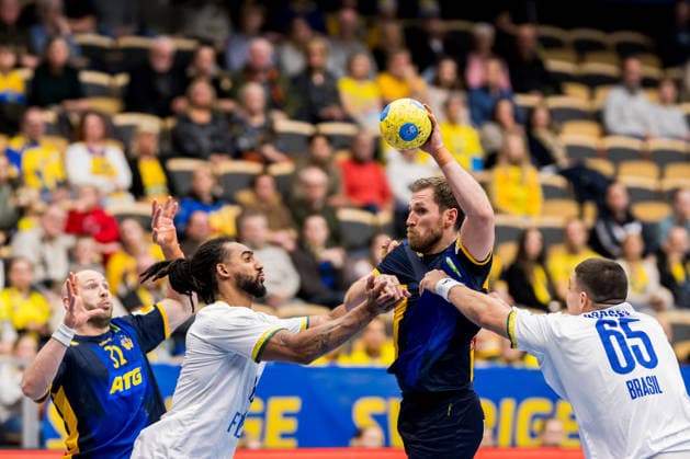 260107 Oscar Bergendahl and Albin Lagergren of Sweden as well as Bryan Monte and Guilherme Borges of Brazil during the International Friendly, Länderspiel, Nationalmannschaft handball match between Sweden and Brazil on January 7, 2026 in Partille. Photo: Mathias Bergeld BILDBYRAN kod MB MB1272 handball handboll handball international friendly sverige sweden brazil bbeng träningsmatch träningslandskamp Copyright: MATHIASxBERGELD BB260107MB029