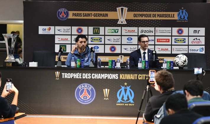 Ahead of Olympique Marseille v Paris Saint-Germain - French Super Cup KUWAIT CITY, KUWAIT - JANUARY 7: Paris Saint-Germain head coach Luis Enrique and team captain Marcos Aoas Correa (L) answer questions from members of the media during a press conference, PK, Pressekonferenz ahead of the Super Cup match against Olympique Marseille at Jaber Al-Ahmad International Stadium in Kuwait City, Kuwait, on January 7, 2026. Jaber Abdulkhaleq Anadolu Kuwait City Kuwait. Editorial use only. Please get in touch for any other usage.  Copyright: x2026xAnadoluxJaberxAbdulkhaleqx