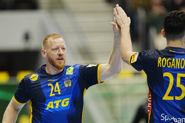 GOTHENBURG, SWEDEN 20260107 Sweden s Jim Gottfridsson and Nikola Roganovic celebrate during Wednesday s international handball match between Sweden and Brazil at Partille Arena. GÖTEBORG SWEDEN x9200x Copyright: xBjörnxLarssonxRosvall TTx HANDBALL SWEDEN-BRAZIL