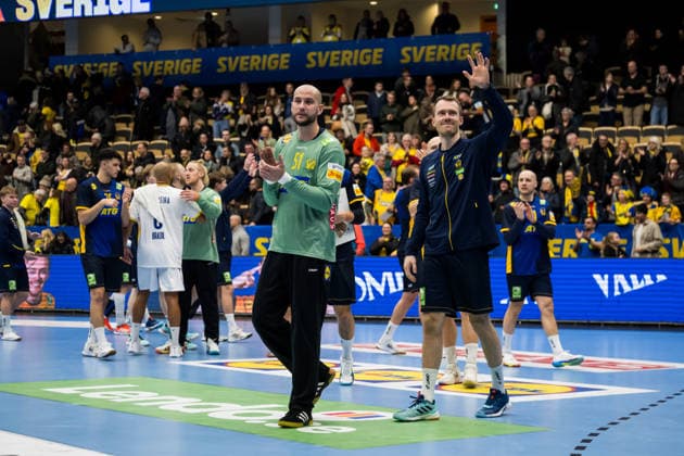 260107 Goalkeeper Fabian Norsten and Felix Claar of Sweden celebrate after the International Friendly, Länderspiel, Nationalmannschaft handball match between Sweden and Brazil on January 7, 2026 in Partille. Photo: Mathias Bergeld BILDBYRAN kod MB MB1272 handball handboll handball international friendly sverige sweden brazil bbeng träningsmatch träningslandskamp celebrate jubel Copyright: MATHIASxBERGELD BB260107MB042