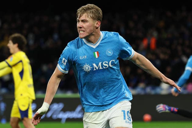 Rasmus Hojlund of SSC Napoli celebrates after scoring a goal, later disalloweb by the Video Assistant Referee (VAR), during the Serie A 2025 2026 football match between SSC Napoli and Hellas Verona at Diego Armando Maradona stadium in Naples (Italy), January 7, 2026. cesarexpurini