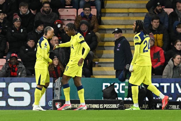 Bournemouth v Tottenham Hotspur, Premier League Goal 0-1 - Mathys Tel (11) of Tottenham Hotspur celebrates scoring the opening goal during the Premier League match between Bournemouth and Tottenham Hotspur at the Vitality Stadium, Bournemouth, UK on 7 January 2026. Bournemouth Vitality Stadium Dorset UK Editorial use only DataCo restrictions apply See www.football-dataco.com , Copyright: xGrahamxHuntx PSI-23541-0044