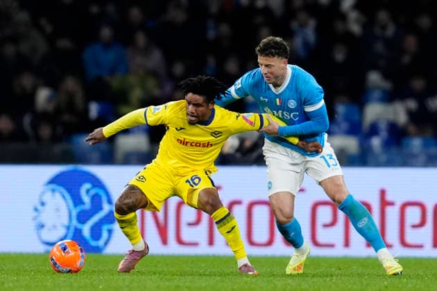 Gift Orban (Hellas Verona) and Amir Rahmani (SSC Napoli) battle for the ball, Serie A, SSC Napoli v Hellas Verona FC, Diego Maradona, January 7, 2026, Napoli, Italy.