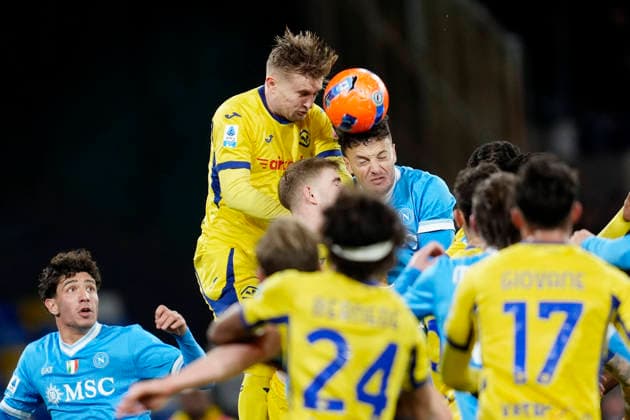Martin Frese (Hellas Verona) and Amir Rahmani (SSC Napoli) battle for the ball, Serie A, SSC Napoli v Hellas Verona FC, Diego Maradona, January 7, 2026, Napoli, Italy.