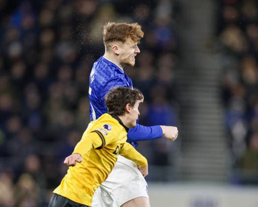 7th January 2026; Hill Dickinson Stadium, Liverpool, England; Premier League Football, Everton versus Wolverhampton Wanderers; Jake O Brien of Everton FC wins an aerial ball  RogerxEvans Content restricted for UK based newspaper