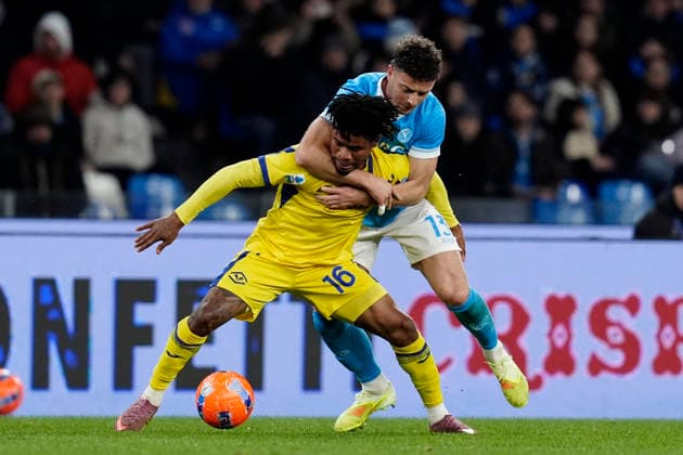 Gift Orban (Hellas Verona) and Amir Rahmani (SSC Napoli) battle for the ball, Serie A, SSC Napoli v Hellas Verona FC, Diego Maradona, January 7, 2026, Napoli, Italy.