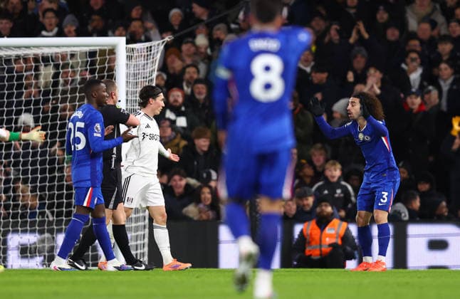 London, England, 7th January 2026. Marc Cucurella of Chelsea reacts after being shown a red card during the Fulham vs Chelsea Premier League match at Craven Cottage, London. Picture credit should read: Paul Terry Sportimage EDITORIAL USE ONLY. No use with unauthorised audio, video, data, fixture lists, club league logos or live services. Online in-match use limited to 120 images, no video emulation. No use in betting, games or single club league player publications. SPI_031_PT_Fulham_Chelsea SPI-4434-0031