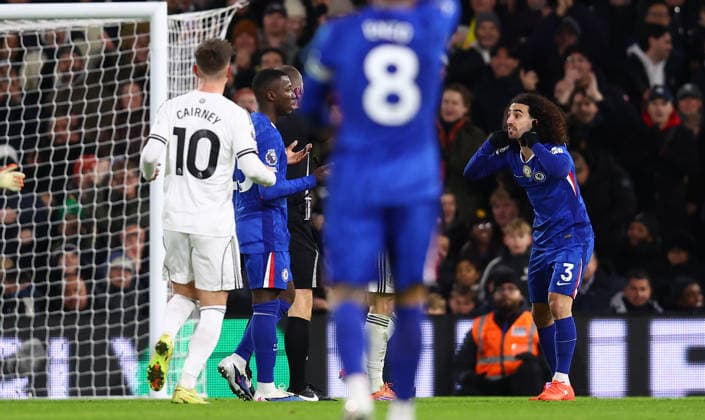 London, England, 7th January 2026. Marc Cucurella of Chelsea reacts after being shown a red card during the Fulham vs Chelsea Premier League match at Craven Cottage, London. Picture credit should read: Paul Terry Sportimage EDITORIAL USE ONLY. No use with unauthorised audio, video, data, fixture lists, club league logos or live services. Online in-match use limited to 120 images, no video emulation. No use in betting, games or single club league player publications. SPI_032_PT_Fulham_Chelsea SPI-4434-0032