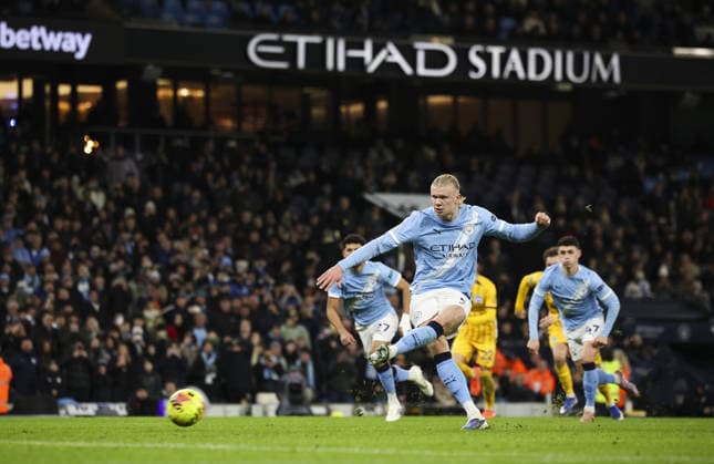 Manchester City v Brighton, FA Premier League 07.01.26 Manchester City v Brighton, FA Premier League Bradley Ormesher The Times Erling Haaland of Manchester City scores and celebrates scoring his teams opening goal of the match from the penalty spot  Copyright: xBradleyxOrmesherx NINTCHDBPICT001049990554