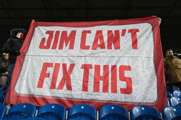 Burnley v Manchester United, ManU Premier League Manchester United fans with a banner referencing Sir Jim Ratcliffe during the Premier League between Burnley and Manchester United at Turf Moor, Burnley 07 01 2026 UK Newspapers OUT Copyright: xMattxWilkinsonx FIL-22757-0028