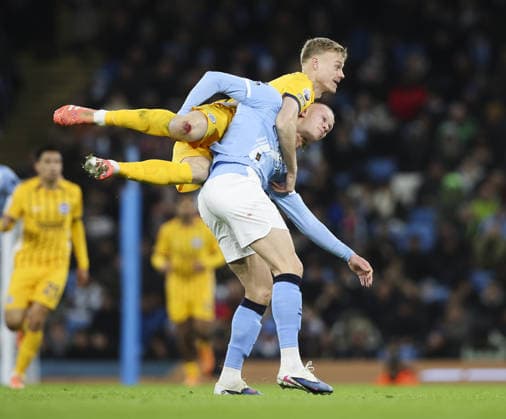 Manchester City v Brighton, FA Premier League 07.01.26 Manchester City v Brighton, FA Premier League Bradley Ormesher The Times Erling Haaland of Manchester City and Jan Paul van Hecke of Brighton & Hove Albion  Copyright: xBradleyxOrmesherx NINTCHDBPICT001049991757