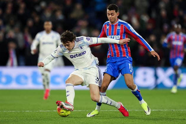 7th January 2026; Selhurst Park, Selhurst, London, England; Premier League Football, Crystal Palace versus Aston Villa; Victor Lindelof of Aston Villa pressured Brennan Johnson of Crystal Palace  HenningxvonxJagow Content restricted for UK based newspaper