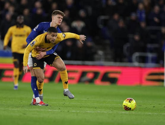7th January 2026; Hill Dickinson Stadium, Liverpool, England; Premier League Football, Everton versus Wolverhampton Wanderers; Joao Gomes of Wolverhampton Wanderers tangles with Harrison Armstrong of Everton FC  RogerxEvans Content restricted for UK based newspaper