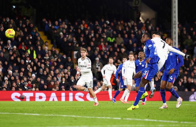 London, England, 7th January 2026. Raul Jimenez of Fulham scores to make it 1-0 while under pressure from Trevoh Chalobah of Chelsea during the Fulham vs Chelsea Premier League match at Craven Cottage, London. Picture credit should read: Paul Terry Sportimage EDITORIAL USE ONLY. No use with unauthorised audio, video, data, fixture lists, club league logos or live services. Online in-match use limited to 120 images, no video emulation. No use in betting, games or single club league player publications. SPI_043_PT_Fulham_Chelsea SPI-4434-0043