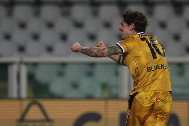 Turin, Italy, 7th January 2026. Nicolo Zaniolo of Udinese Calcio celebrates after scoring to give the side a 1-0 lead during the Torino vs Udinese Serie A match at Stadio Grande Torino, Turin. Picture credit should read: Jonathan Moscrop Sportimage EDITORIAL USE ONLY. No use with unauthorised audio, video, data, fixture lists, club league logos or live services. Online in-match use limited to 120 images, no video emulation. No use in betting, games or single club league player publications. SPI_036_JM_TORO_UDINESE_ SPI-4408-0036