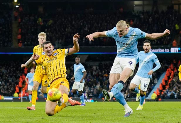 Manchester, England, 7th January 2026. Erling Haaland of Manchester City shoots into the side netting during the Manchester City vs Brighton and Hove Albion Premier League match at the Etihad Stadium, Manchester. Picture credit should read: Andrew Yates Sportimage EDITORIAL USE ONLY. No use with unauthorised audio, video, data, fixture lists, club league logos or live services. Online in-match use limited to 120 images, no video emulation. No use in betting, games or single club league player publications. SPI_060_AY_Man_City_Brighton SPI-4435-0060