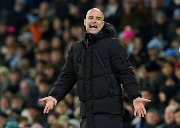 Manchester, England, 7th January 2026. Pep Guardiola coach of Manchester City frustrated during the Manchester City vs Brighton and Hove Albion Premier League match at the Etihad Stadium, Manchester. Picture credit should read: Andrew Yates Sportimage EDITORIAL USE ONLY. No use with unauthorised audio, video, data, fixture lists, club league logos or live services. Online in-match use limited to 120 images, no video emulation. No use in betting, games or single club league player publications. SPI_064_AY_Man_City_Brighton SPI-4435-0064