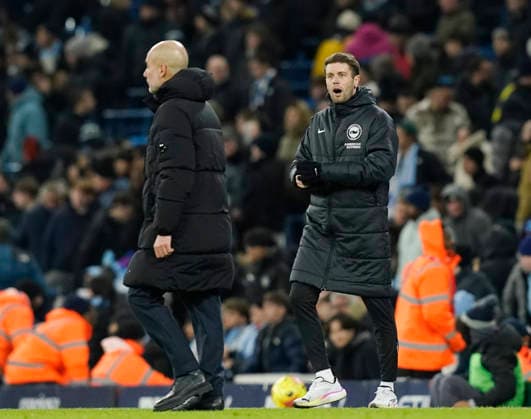 Manchester, England, 7th January 2026. Pep Guardiola coach of Manchester City exchanges words with Fabian Hürzeler manager of Brighton during the Manchester City vs Brighton and Hove Albion Premier League match at the Etihad Stadium, Manchester. Picture credit should read: Andrew Yates Sportimage EDITORIAL USE ONLY. No use with unauthorised audio, video, data, fixture lists, club league logos or live services. Online in-match use limited to 120 images, no video emulation. No use in betting, games or single club league player publications. SPI_076_AY_Man_City_Brighton SPI-4435-0077