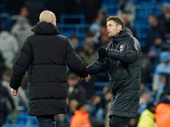 Manchester, England, 7th January 2026. Pep Guardiola coach of Manchester City exchanges words with Fabian Hürzeler manager of Brighton during the Manchester City vs Brighton and Hove Albion Premier League match at the Etihad Stadium, Manchester. Picture credit should read: Andrew Yates Sportimage EDITORIAL USE ONLY. No use with unauthorised audio, video, data, fixture lists, club league logos or live services. Online in-match use limited to 120 images, no video emulation. No use in betting, games or single club league player publications. SPI_077_AY_Man_City_Brighton SPI-4435-0078