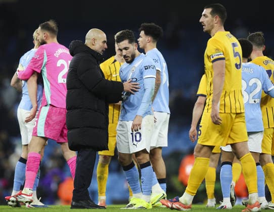 Manchester City v Brighton, FA Premier League 07.01.26 Manchester City v Brighton, FA Premier League Bradley Ormesher The Times Pep Guardiola manager of Manchester City. and Rayan Cherki at end of the match  Copyright: xBradleyxOrmesherx NINTCHDBPICT001050008310