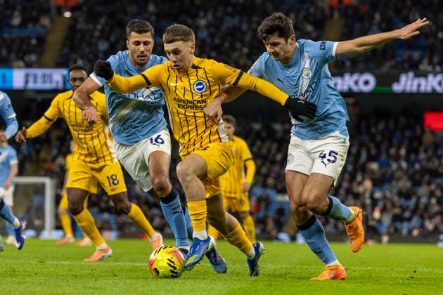 7th January 2026; Etihad Stadium, Manchester, Lancashire, England; Premier League Football, Manchester City versus Brighton and Hove Albion; Brajan Gruda of Brighton under pressure from Abdukodir Khusanov of Manchester City  TimxWilliams