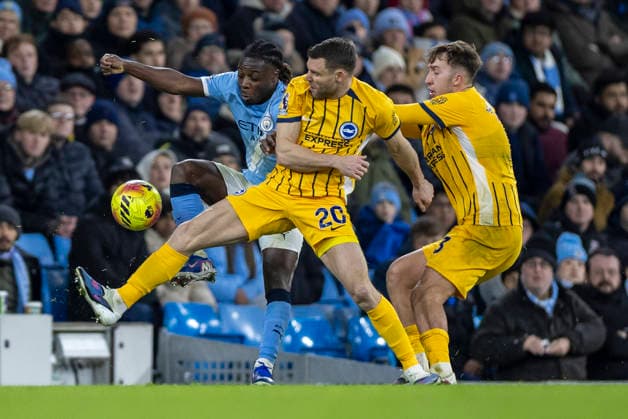 7th January 2026; Etihad Stadium, Manchester, Lancashire, England; Premier League Football, Manchester City versus Brighton and Hove Albion; Jeremy Doku of Manchester City under pressure from James Milner of Brighton  TimxWilliams