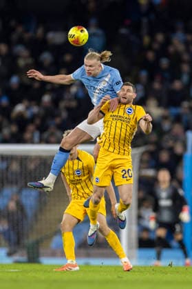 7th January 2026; Etihad Stadium, Manchester, Lancashire, England; Premier League Football, Manchester City versus Brighton and Hove Albion; Erling Haland of Manchester City and James Milner of Brighton jump for the ball  TimxWilliams