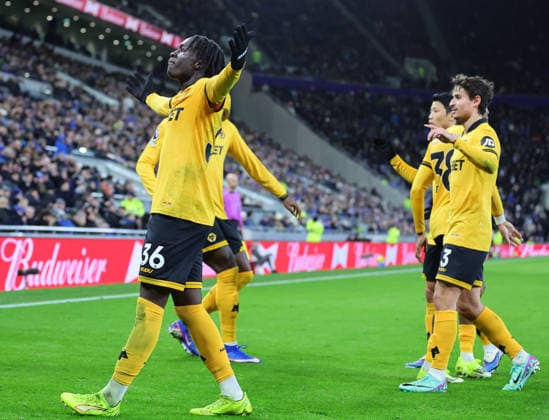 7th January 2026; Hill Dickinson Stadium, Liverpool, England; Premier League Football, Everton versus Wolverhampton Wanderers; Mateus Mane of Wolverhampton Wanderers after scoring to make it 1-1 in the 69th minute  RogerxEvans
