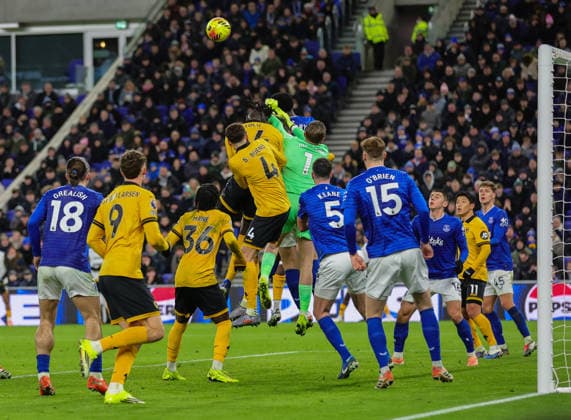 7th January 2026; Hill Dickinson Stadium, Liverpool, England; Premier League Football, Everton versus Wolverhampton Wanderers; Jordan Pickford of Everton FC punches the ball away is a crowded penalty area  RogerxEvans