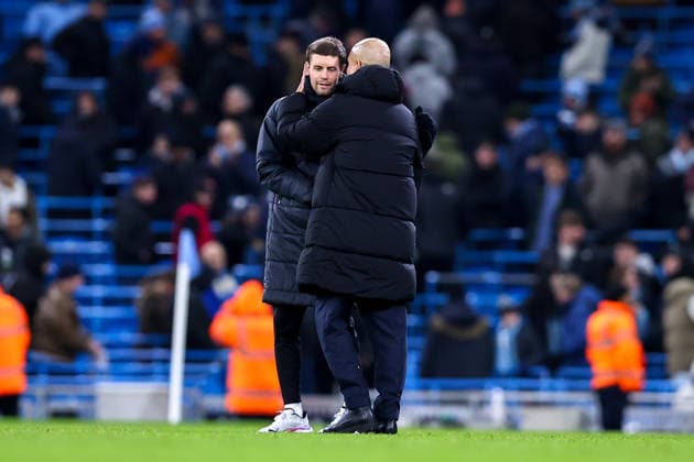 Manchester City v Brighton & Hove Albion, Premier League Manchester City manager Pep Guardiola and Brighton and Hove Albion manager Fabian Hurzeler talk and shake hands after the Manchester City v Brighton & Hove Albion Premier League match at the Etihad Stadium, Manchester, England on 7 January 2026 Credit: Ryan Crockett Every Second Media Editorial use only. All images are copyright Every Second Media Limited. No images may be reproduced without prior permission. All rights reserved. Premier League and Football League images are subject to licensing agreements with Football DataCo Limited. see https: www.football-dataco.com Copyright: xIMAGO EveryxSecondxMediax ESM-1739-0056 RyanxCrockettx xEveryxSecondxMediax