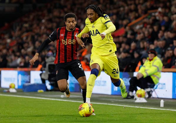 7th January 2026, Bournemouth, Dorset, England; Premier League Football, AFC Bournemouth versus Tottenham Hotspur; Djed Spence of Tottenham competes with Amine Adli of Bournemouth  HongboxChen