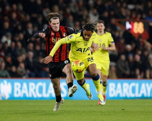 7th January 2026, Bournemouth, Dorset, England; Premier League Football, AFC Bournemouth versus Tottenham Hotspur; Wilson Odobert of Tottenham competes with Alex Scott of Bournemouth  HongboxChen
