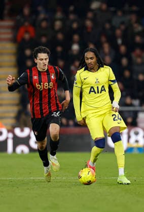 7th January 2026, Bournemouth, Dorset, England; Premier League Football, AFC Bournemouth versus Tottenham Hotspur; Djed Spence of Tottenham competes with Enes Unal of Bournemouth  HongboxChen
