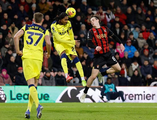 7th January 2026, Bournemouth, Dorset, England; Premier League Football, AFC Bournemouth versus Tottenham Hotspur; Djed Spence competes in the air with Alex Scott of Bournemouth  HongboxChen