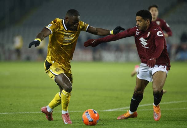 CALCIO - Serie A - Torino FC vs Udinese Calcio Keinan Davis of Udinese Calcio and Saul Coco of Torino FC during the Italian Serie A, 2025 26 season, football match between Torino FC and Udinese Calcio, on 07 January 2026 at Stadio Olimpico â?? Grande Torino , Turin Italy. Photo Nderim KACELI Turin Italy  Copyright: xIPAxSport ABACAx