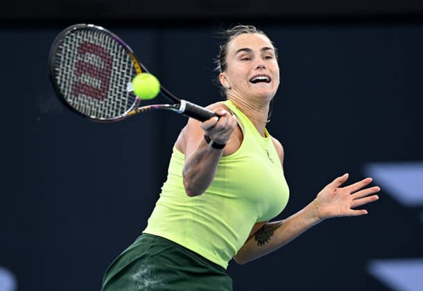 TENNIS BRISBANE INTERNATIONAL, Aryna Sabalenka of Belarus in action against Sorana Cirstea of Romania during day five of the Brisbane International tennis tournament at Pat Rafter Arena in Brisbane, Thursday, January 8, 2026. ( NO ARCHIVING, EDITORIAL USE ONLY BRISBANE QUEENSLAND AUSTRALIA  Copyright: xDARRENxENGLANDx 20260108175387232915