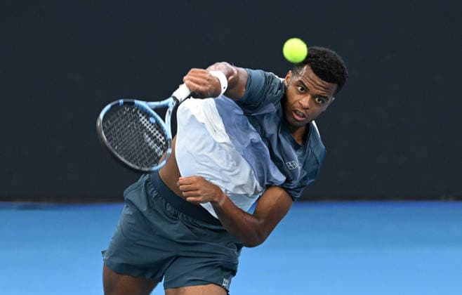 TENNIS BRISBANE INTERNATIONAL, Giovanni Mpetshi Perricard of France in action against Rinky Hijikata of Australia during day five of the Brisbane International tennis tournament at Pat Rafter Arena in Brisbane, Thursday, January 8, 2026. ( NO ARCHIVING, EDITORIAL USE ONLY BRISBANE QUEENSLAND AUSTRALIA  Copyright: xDARRENxENGLANDx 20260108190088391000