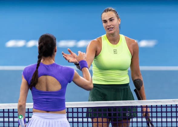 January 8, 2026, Brisbane, Qld, Australia: ARYNA SABALENKA of Belarus shakes hands with SORANA CIRSTEA of Romania at the net after winning her WomenÃ¢â‚¬â ¢s Singles round of 16 match at the Brisbane International. Brisbane Australia - ZUMAt173 20260108_zsp_t173_020 Copyright: xStephanexThomasx