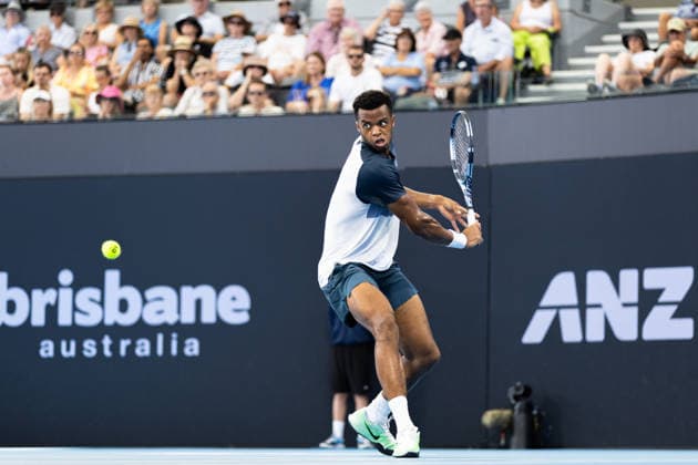 January 8, 2026, Brisbane, Qld, Australia: GIOVANNI MPETSHI-PERRICARD of France plays a backhand during his MenÃ¢â‚¬â ¢s Singles round of 16 match against RINKY HIJIKATA of Australia at the Brisbane International. Brisbane Australia - ZUMAt173 20260108_zsp_t173_035 Copyright: xStephanexThomasx