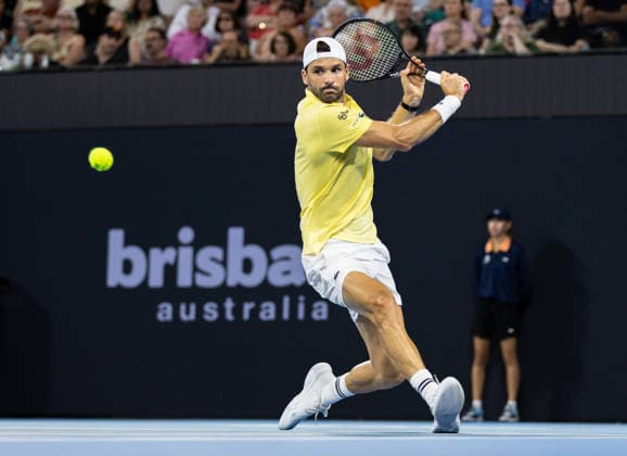 January 8, 2026, Brisbane, Qld, Australia: GRIGOR DIMITROV of Bulgaria plays a backhand during his MenÃ¢â‚¬â ¢s Singles round of 16 match against RAPHAEL COLLIGNON of Belgium at the Brisbane International. Brisbane Australia - ZUMAt173 20260108_zsp_t173_044 Copyright: xStephanexThomasx