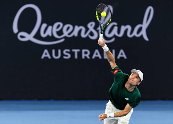 January 8, 2026, Brisbane, Qld, Australia: RAPHAEL COLLIGNON of Belgium serves during his MenÃ¢â‚¬â ¢s Singles round of 16 match against GRIGOR DIMITROV of Bulgaria at the Brisbane International. Brisbane Australia - ZUMAt173 20260108_zsp_t173_049 Copyright: xStephanexThomasx