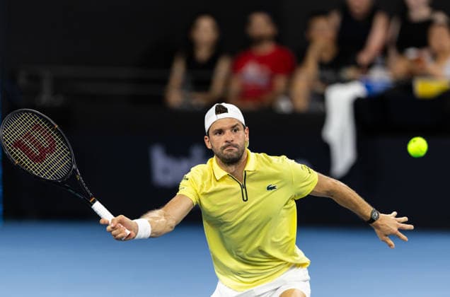 January 8, 2026, Brisbane, Qld, Australia: GRIGOR DIMITROV of Bulgaria plays a forehand volley during his MenÃ¢â‚¬â ¢s Singles round of 16 match against RAPHAEL COLLIGNON of Belgium at the Brisbane International. Brisbane Australia - ZUMAt173 20260108_zsp_t173_051 Copyright: xStephanexThomasx