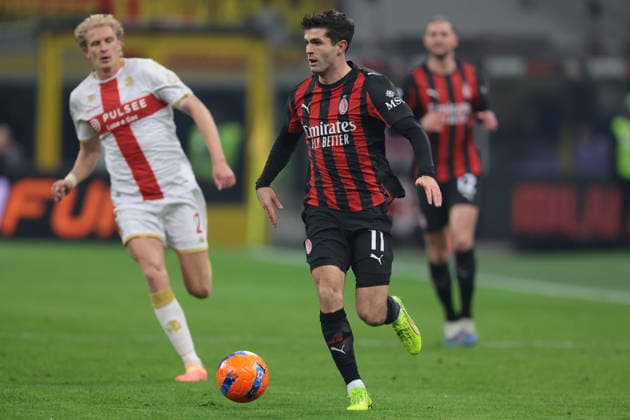 Milan, Italy, 8th January 2026. Christian Pulisic of AC Milan is pursued by Morten Thorsby of Genoa CFC as he breaks with the ball during the AC Milan vs Genoa Serie A match at Giuseppe Meazza, Milan. Picture credit should read: Jonathan Moscrop Sportimage EDITORIAL USE ONLY. No use with unauthorised audio, video, data, fixture lists, club league logos or live services. Online in-match use limited to 120 images, no video emulation. No use in betting, games or single club league player publications. SPI_006_JM_MILAN_GENOA_ SPI-4409-0006